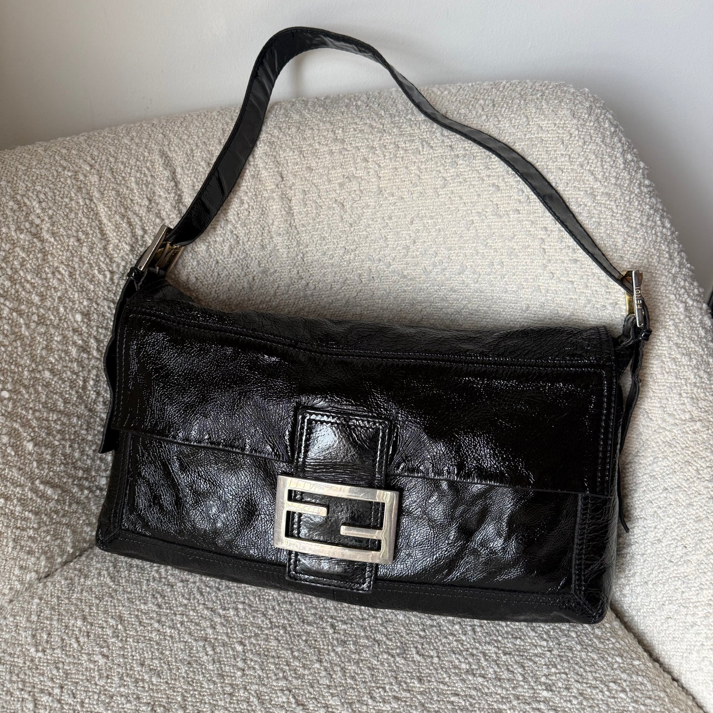 Vintage Fendi Black Patent Leather FF Baguette Shoulder Bag
