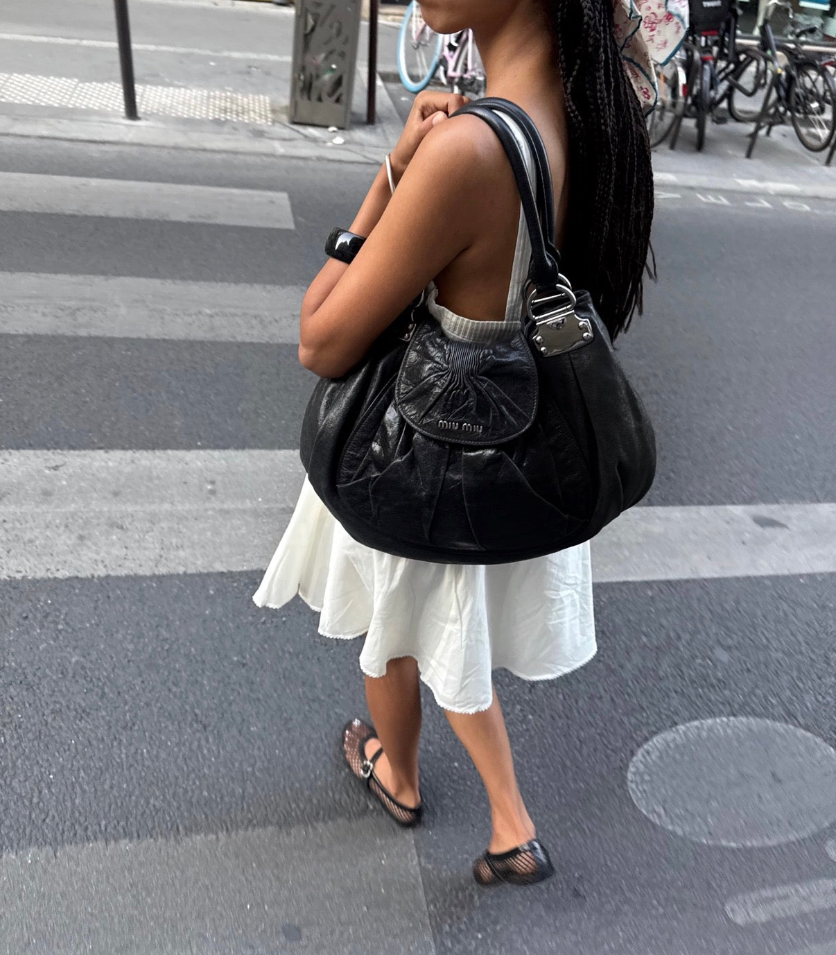 Miu Miu Black Pleated Leather Hobo Bag