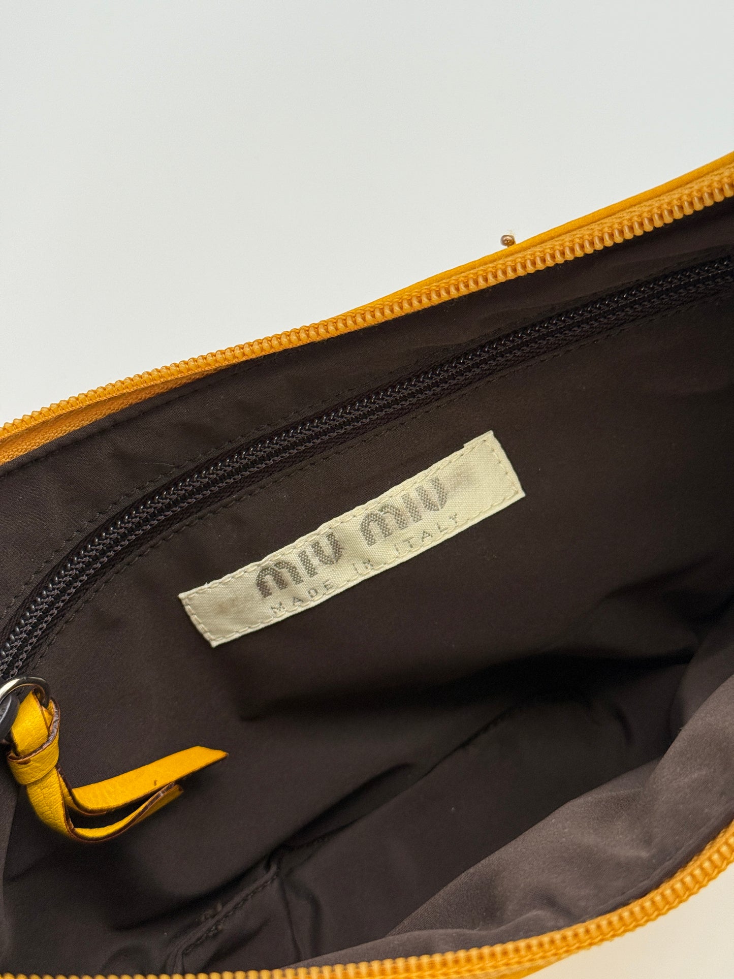 Miu Miu yellow leather moon bag – gold studs & sequins