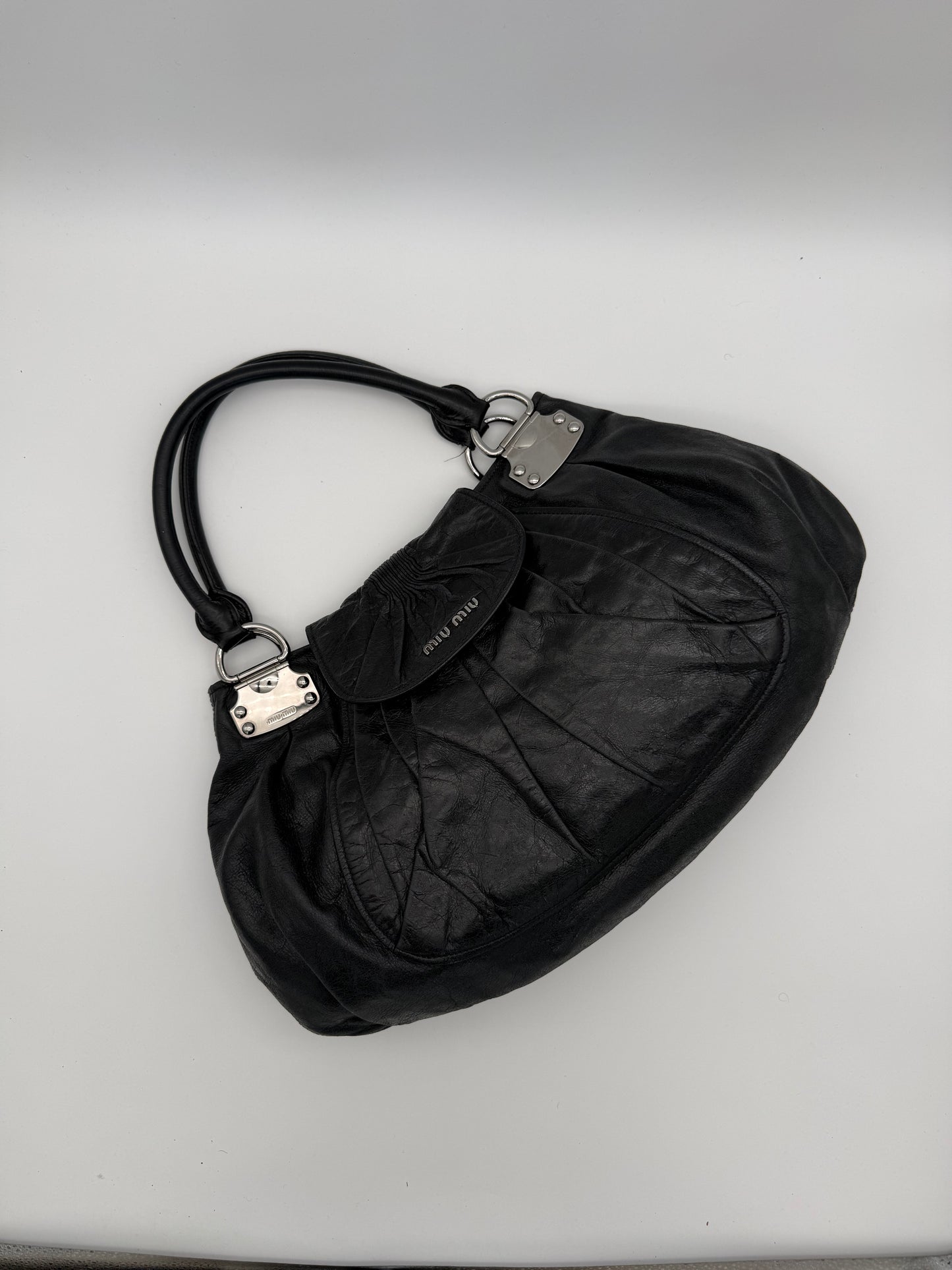 Miu Miu Black Pleated Leather Hobo Bag