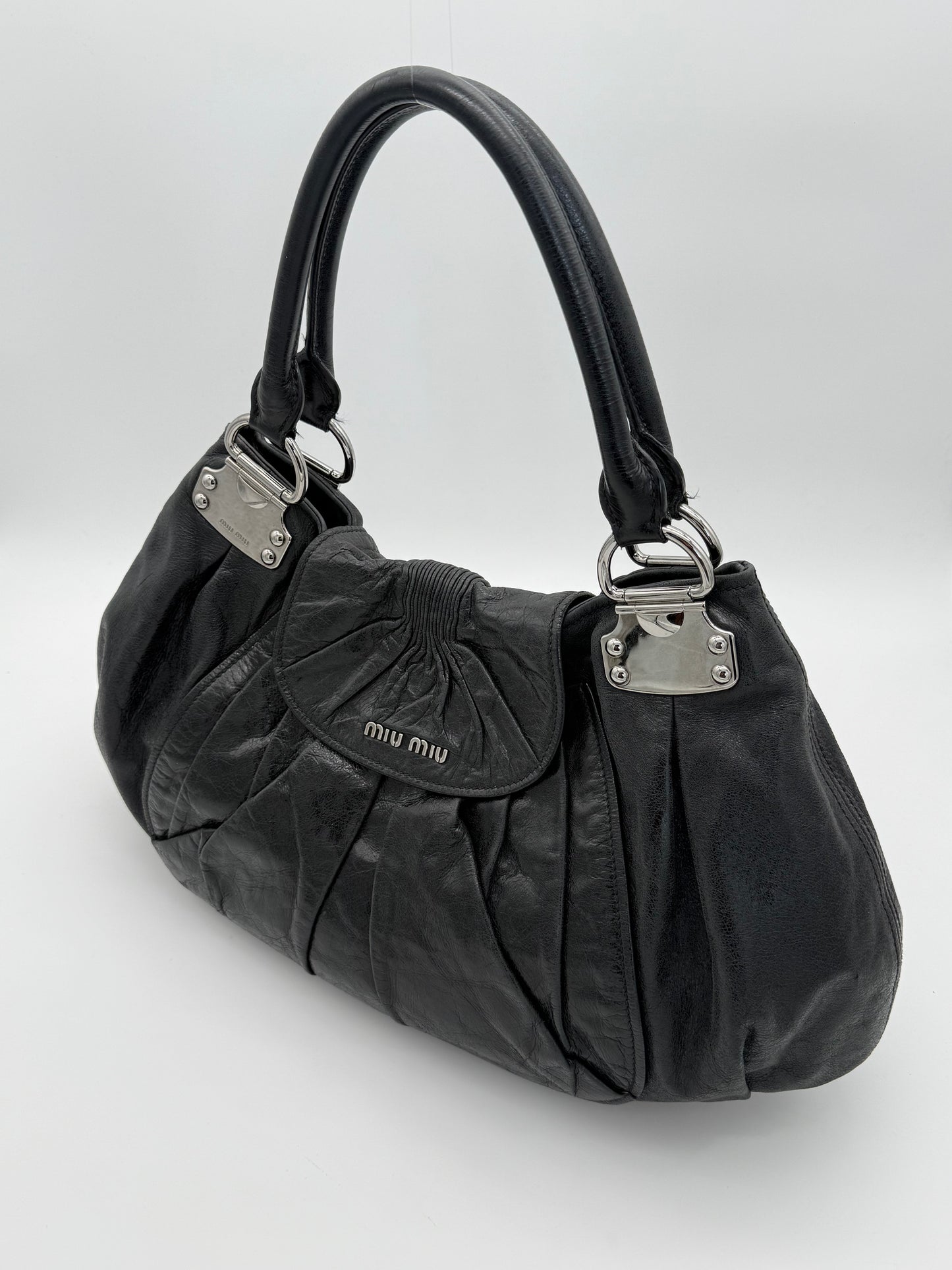 Miu Miu Black Pleated Leather Hobo Bag