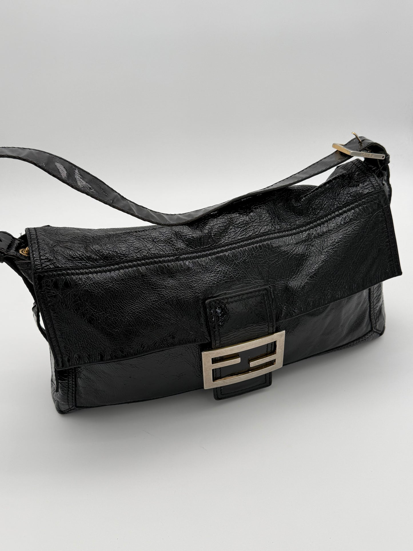 Vintage Fendi Black Patent Leather FF Baguette Shoulder Bag