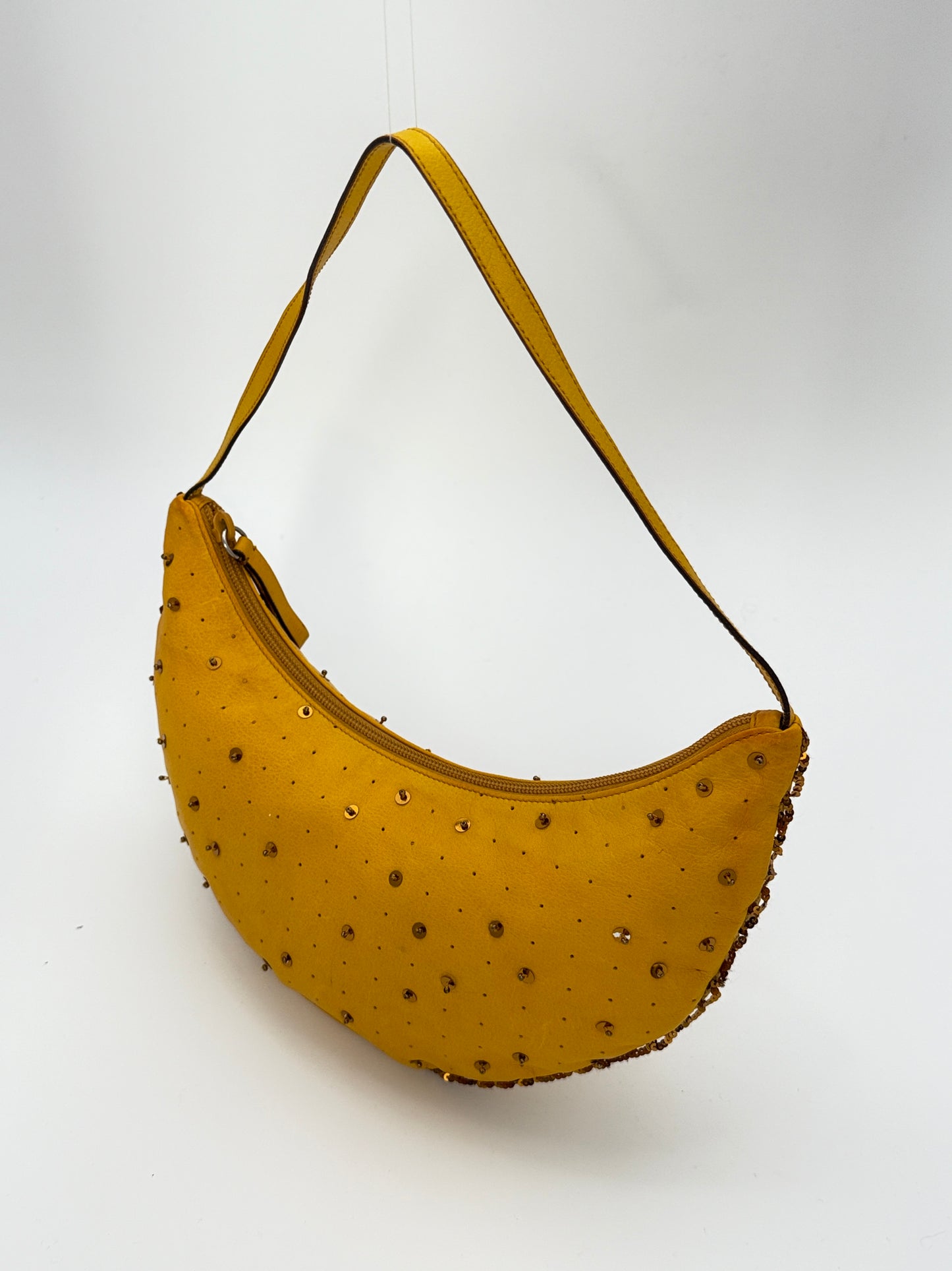 Miu Miu yellow leather moon bag – gold studs & sequins