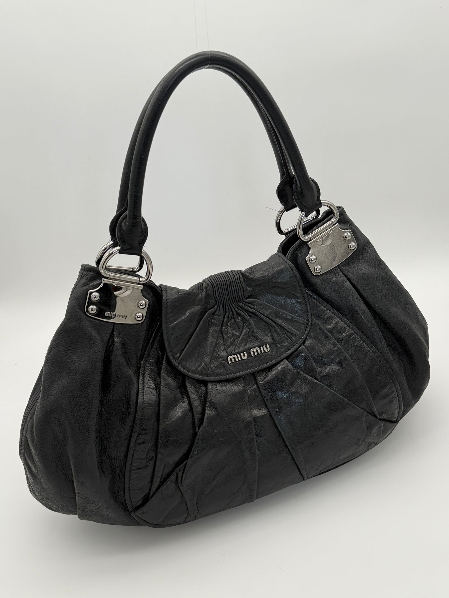Miu Miu Black Pleated Leather Hobo Bag