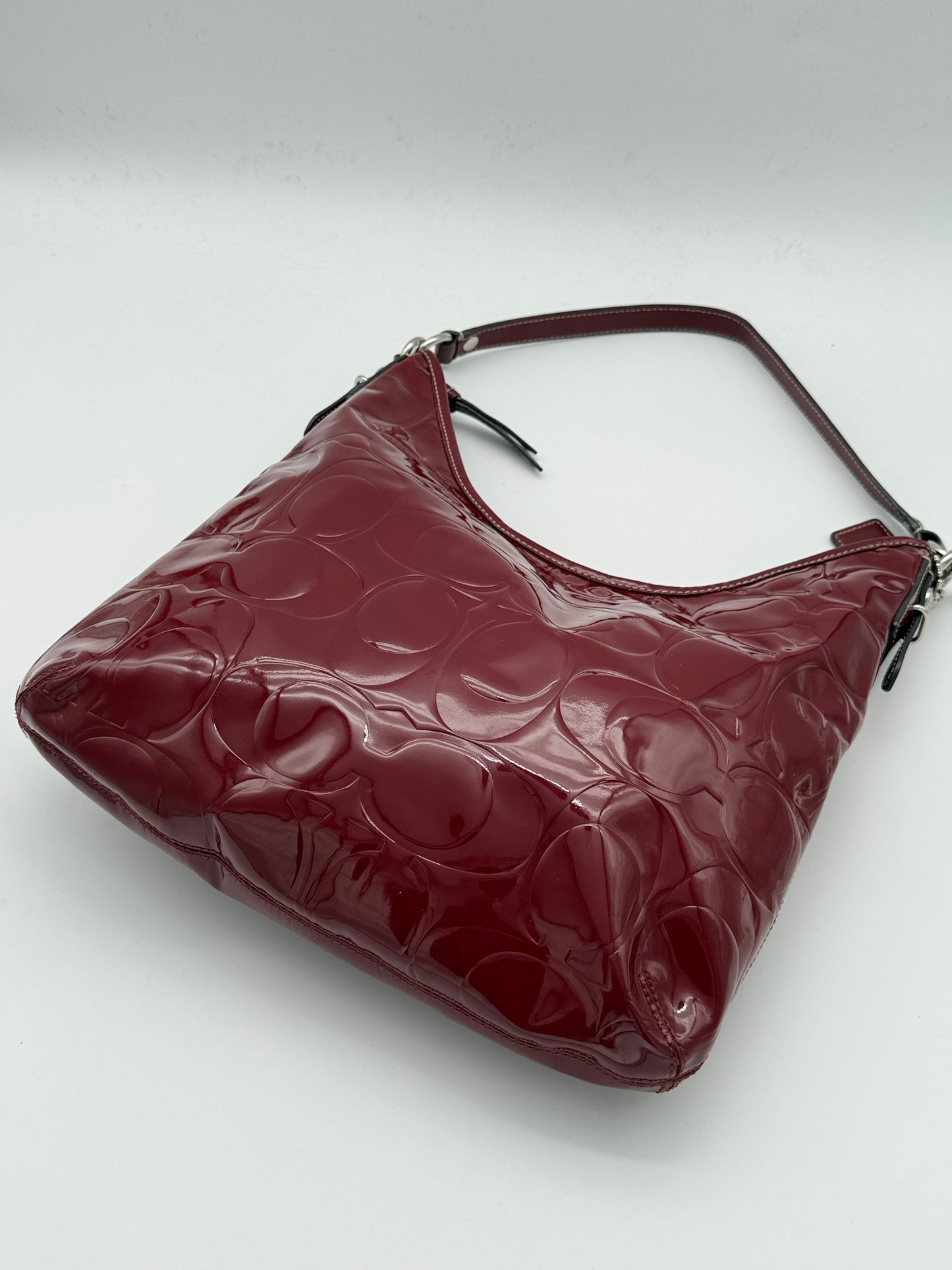 Coach Burgundy Patent Shoulder Bag Embossed Monogram