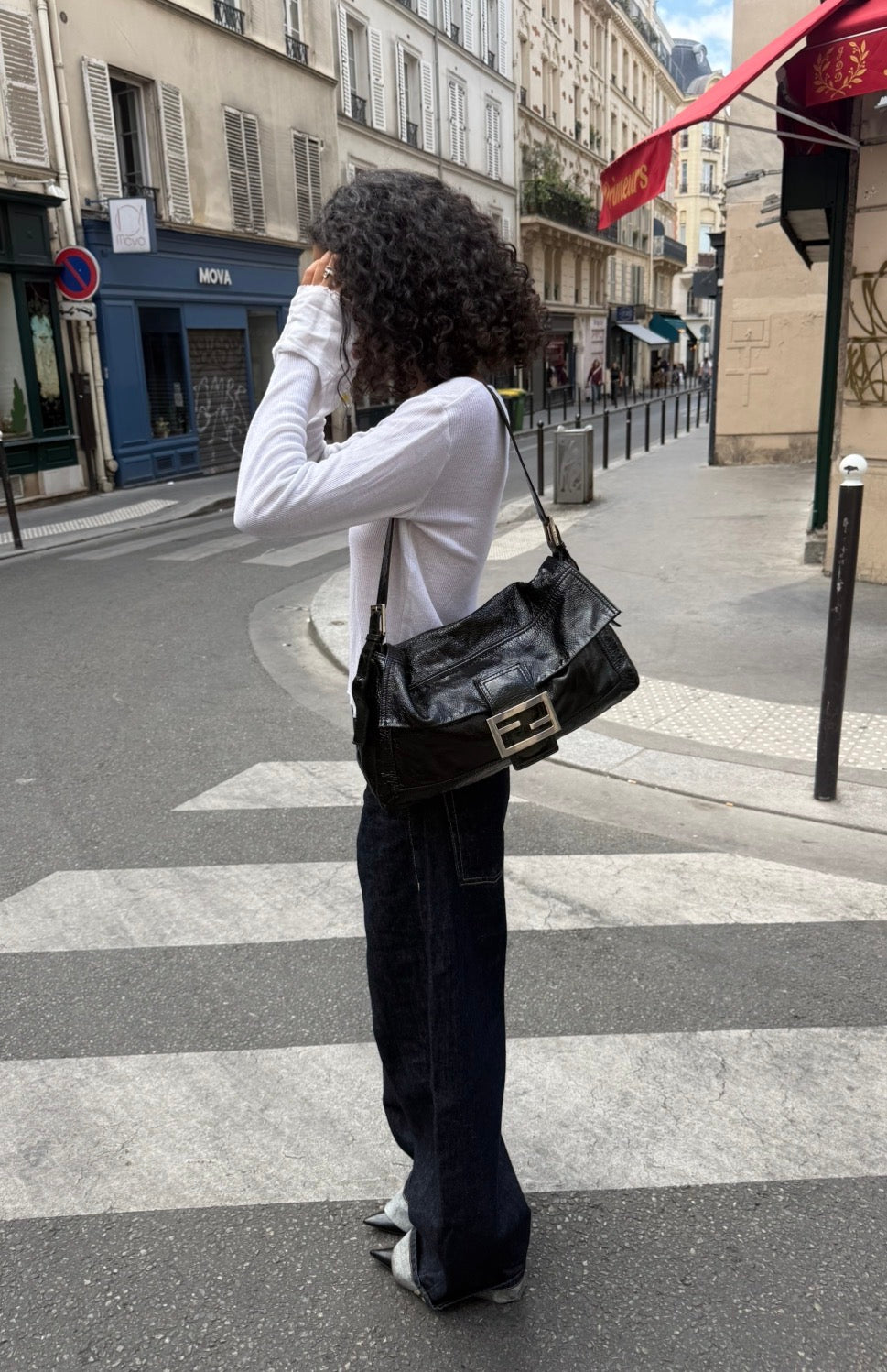 Vintage Fendi Black Patent Leather FF Baguette Shoulder Bag