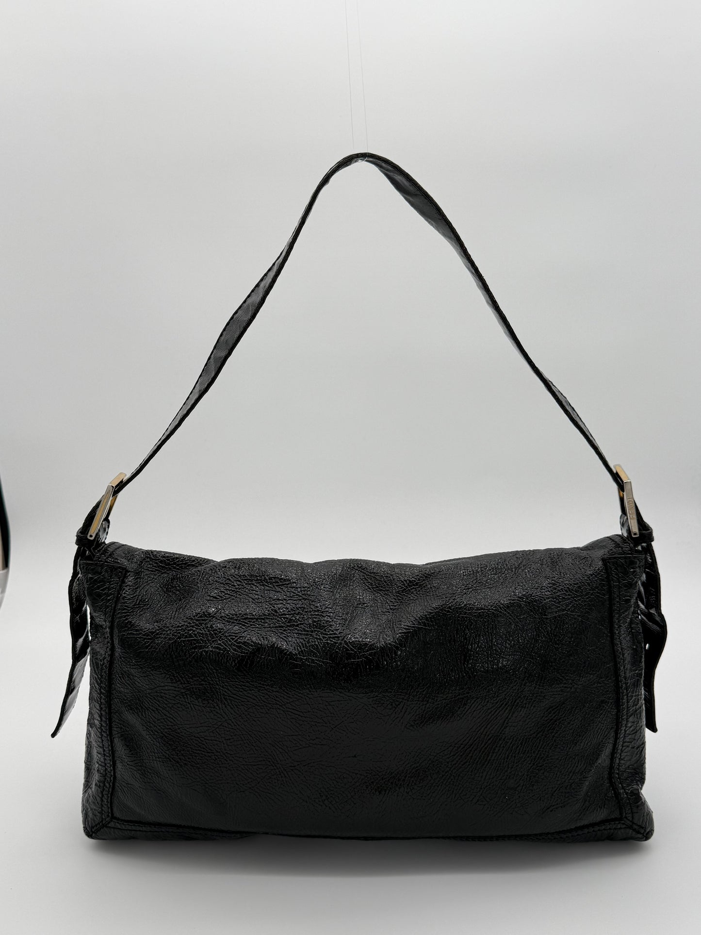 Vintage Fendi Black Patent Leather FF Baguette Shoulder Bag