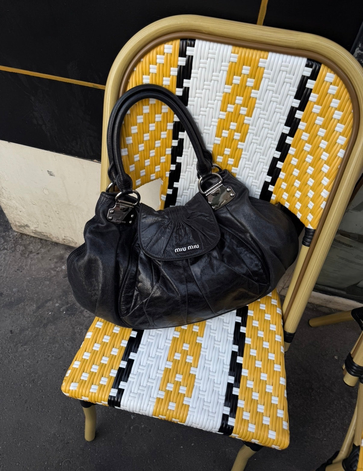 Miu Miu Black Pleated Leather Hobo Bag