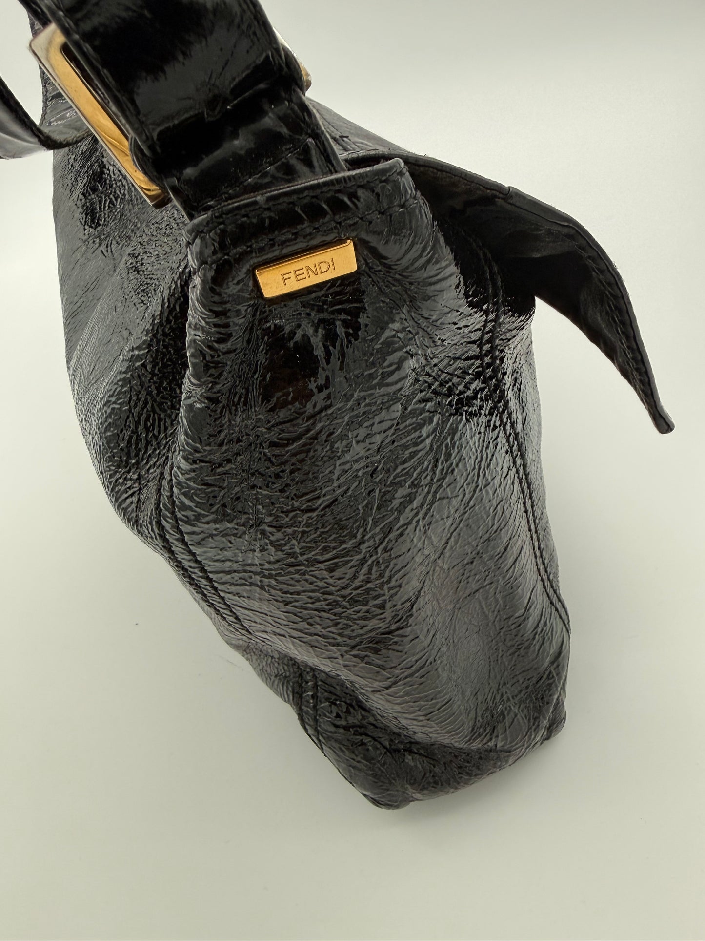 Vintage Fendi Black Patent Leather FF Baguette Shoulder Bag