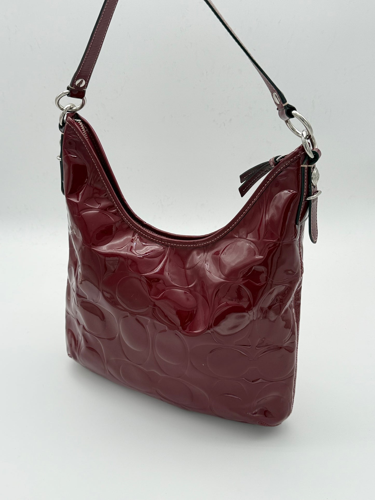 Coach Burgundy Patent Shoulder Bag Embossed Monogram
