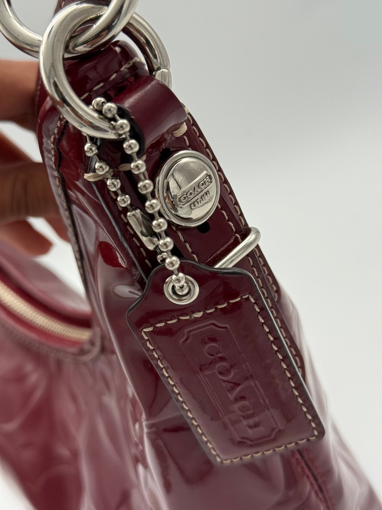 Coach Burgundy Patent Shoulder Bag Embossed Monogram