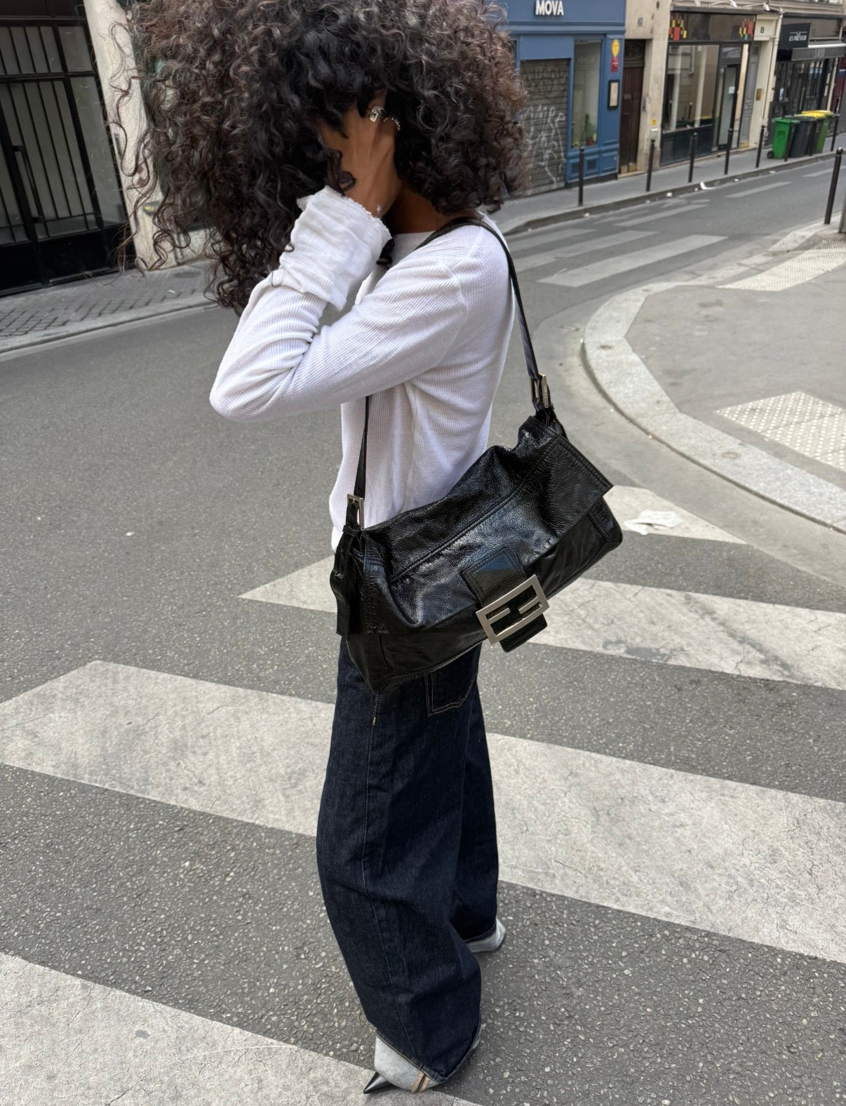 Vintage Fendi Black Patent Leather FF Baguette Shoulder Bag