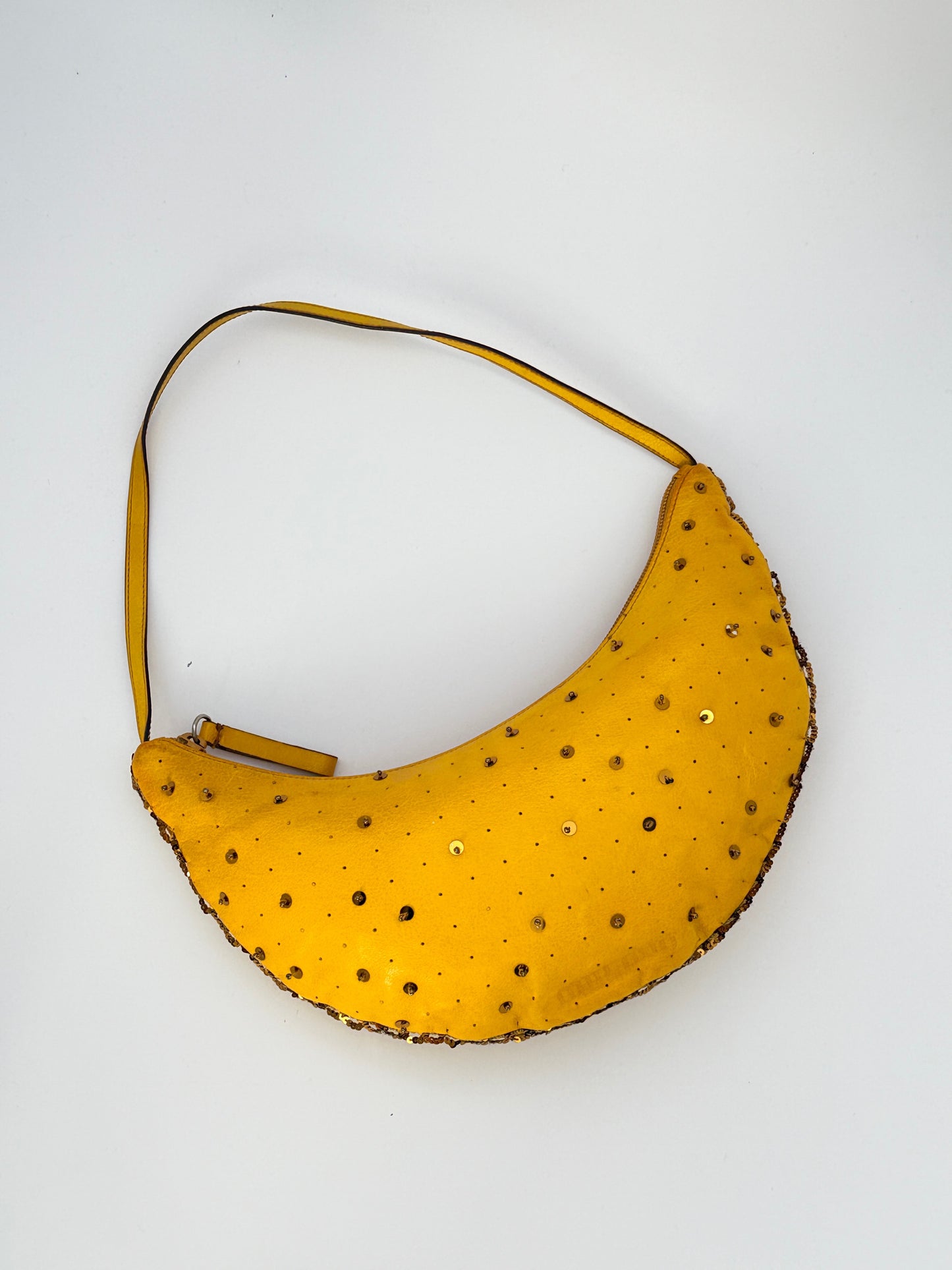 Miu Miu yellow leather moon bag – gold studs & sequins