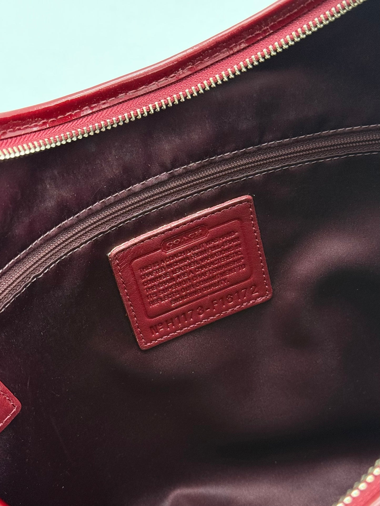 Coach Burgundy Patent Shoulder Bag Embossed Monogram