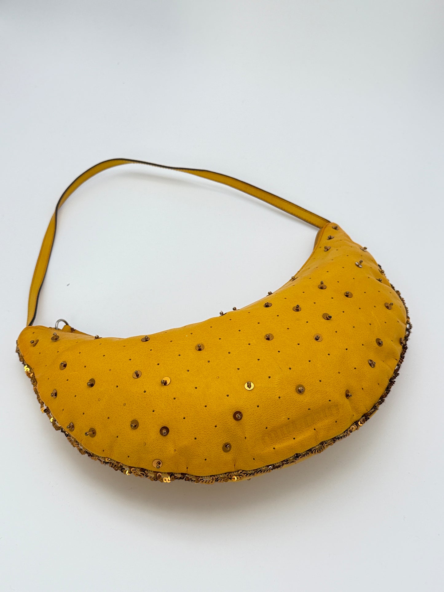 Miu Miu yellow leather moon bag – gold studs & sequins