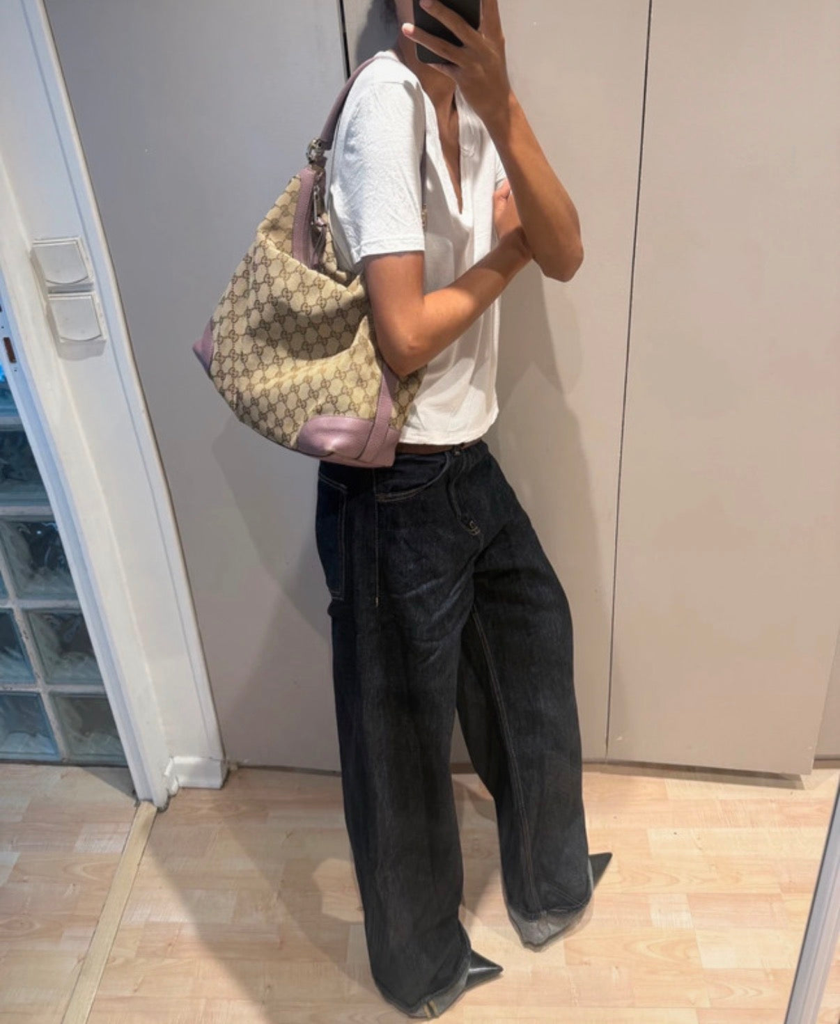 Gucci GG Canvas Hobo Bag in Mauve Leather