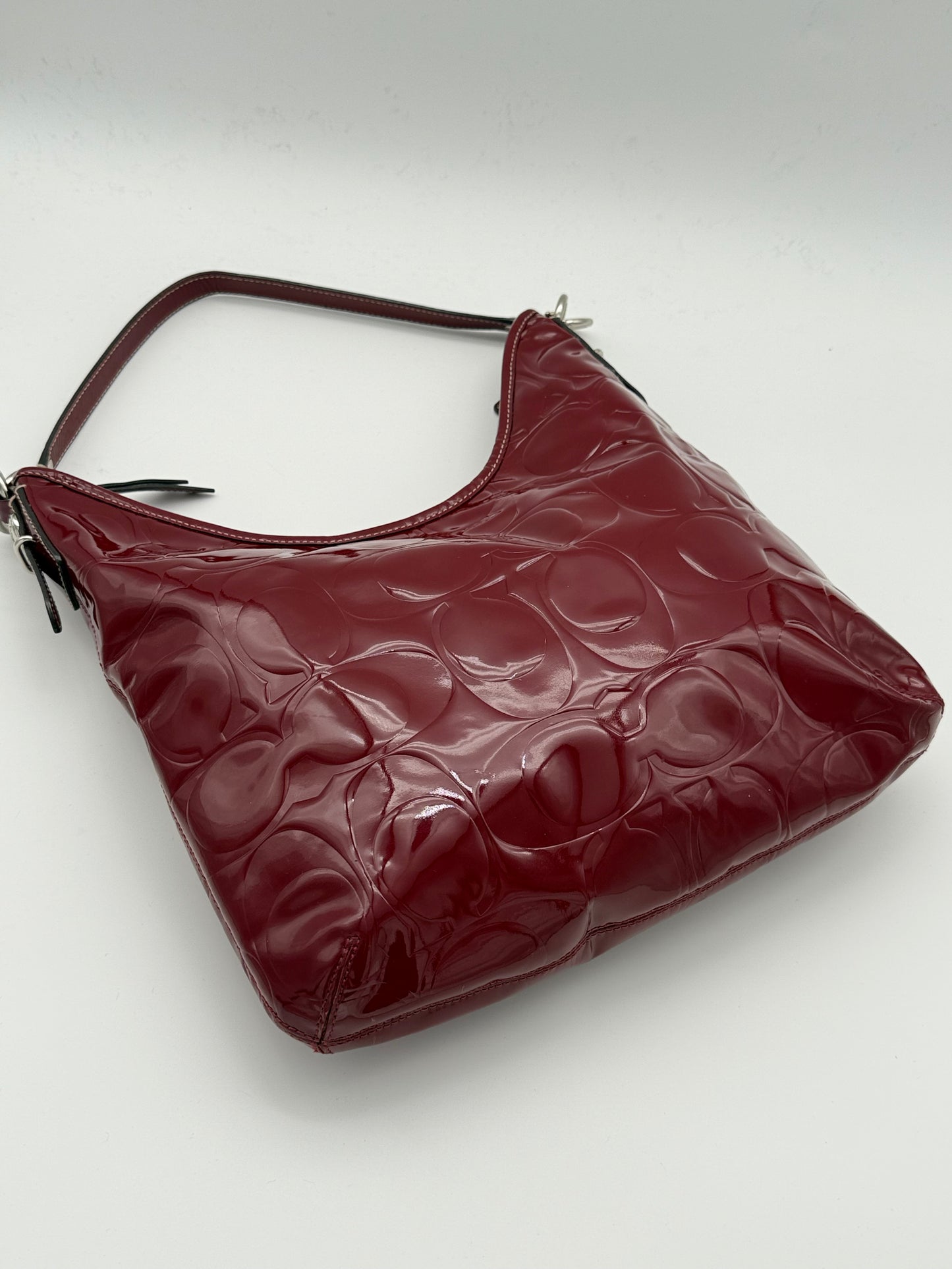 Coach Burgundy Patent Shoulder Bag Embossed Monogram