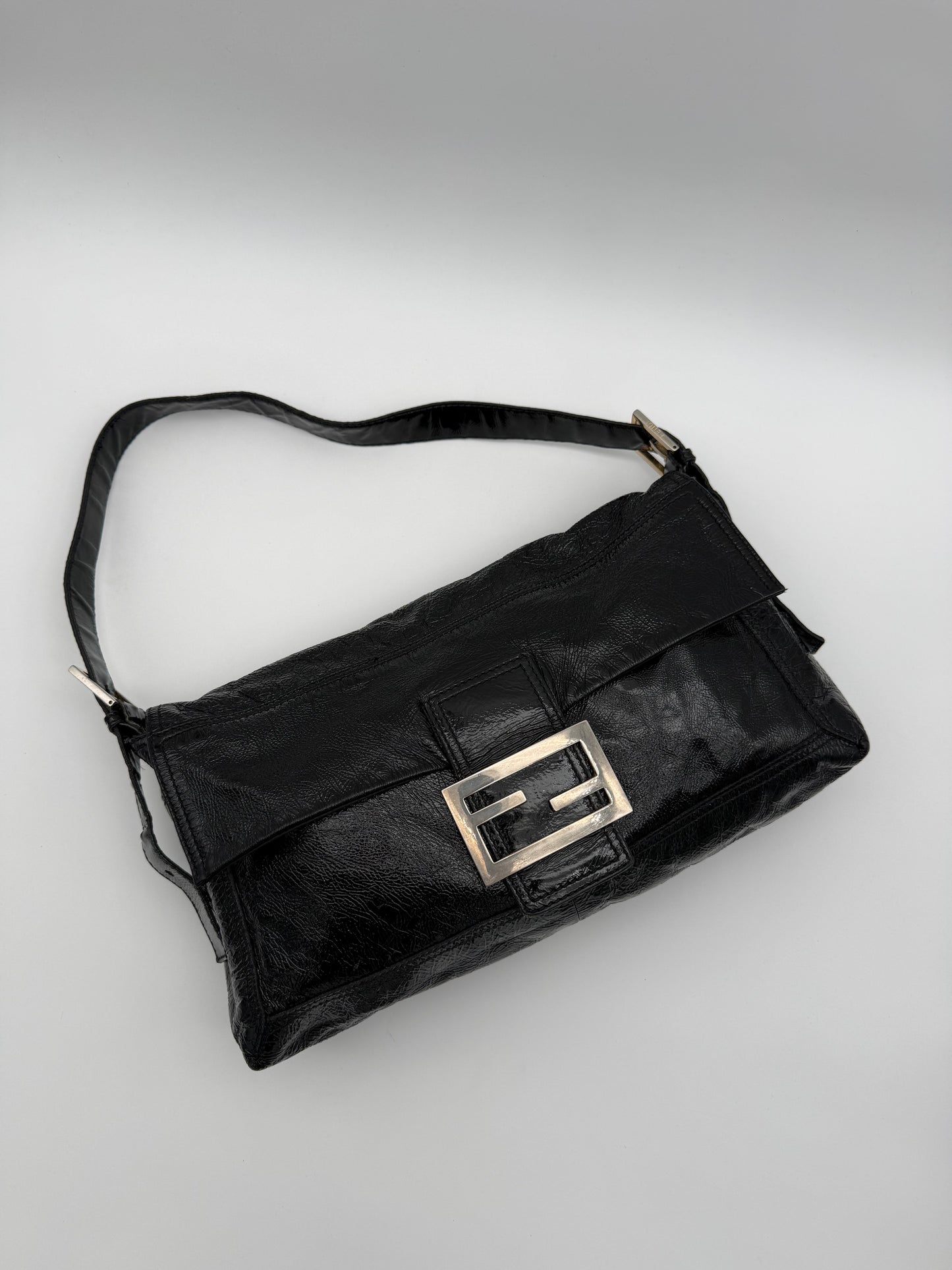 Vintage Fendi Black Patent Leather FF Baguette Shoulder Bag