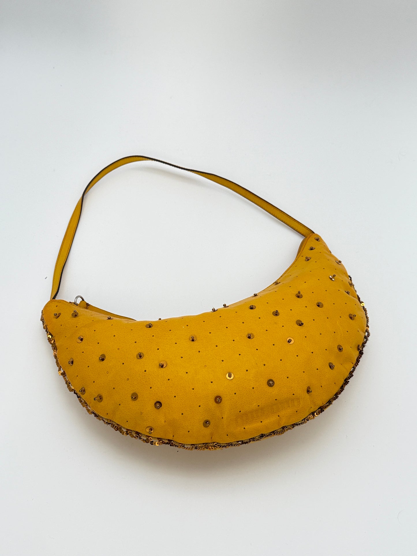 Miu Miu yellow leather moon bag – gold studs & sequins