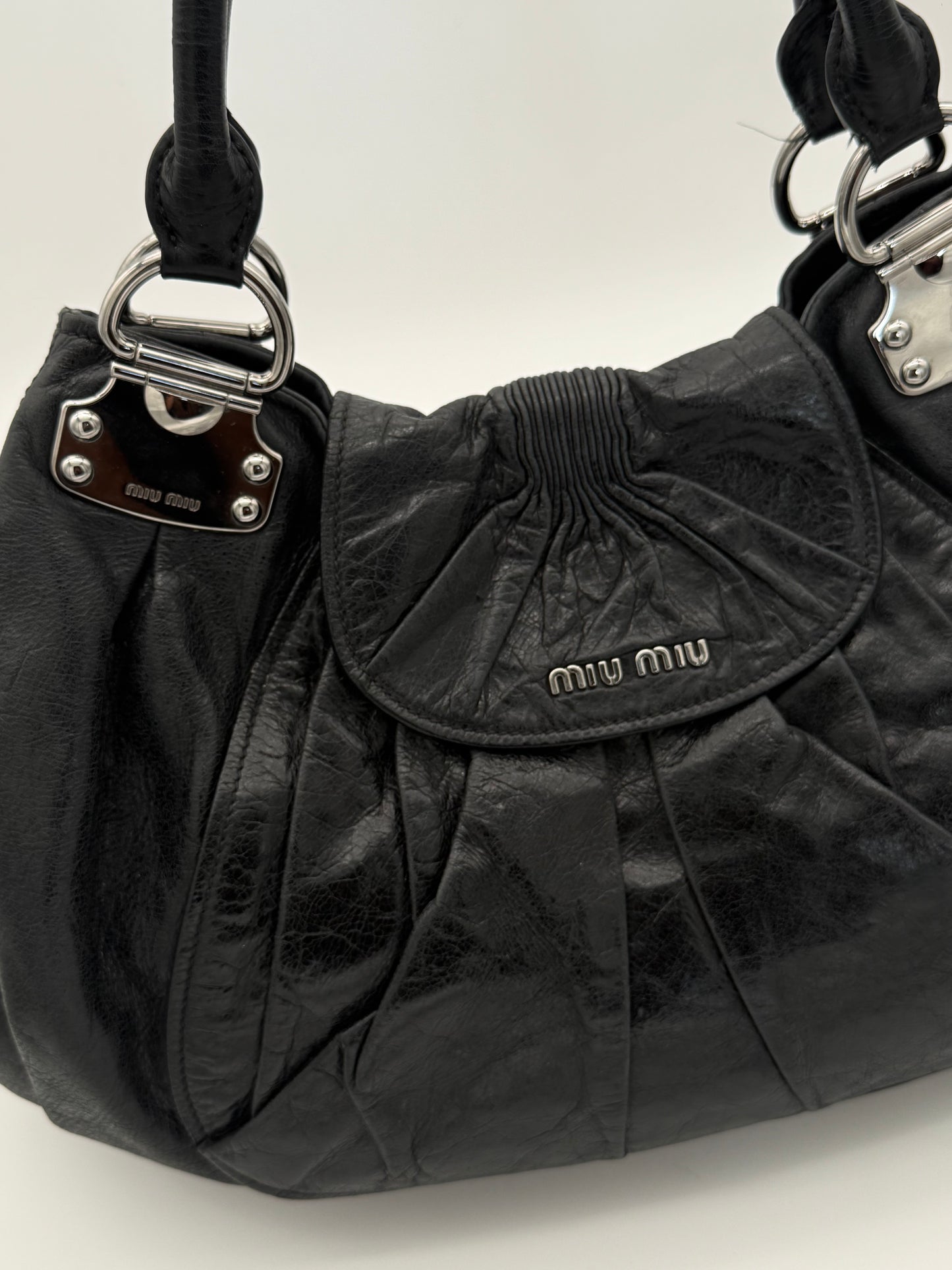 Miu Miu Black Pleated Leather Hobo Bag