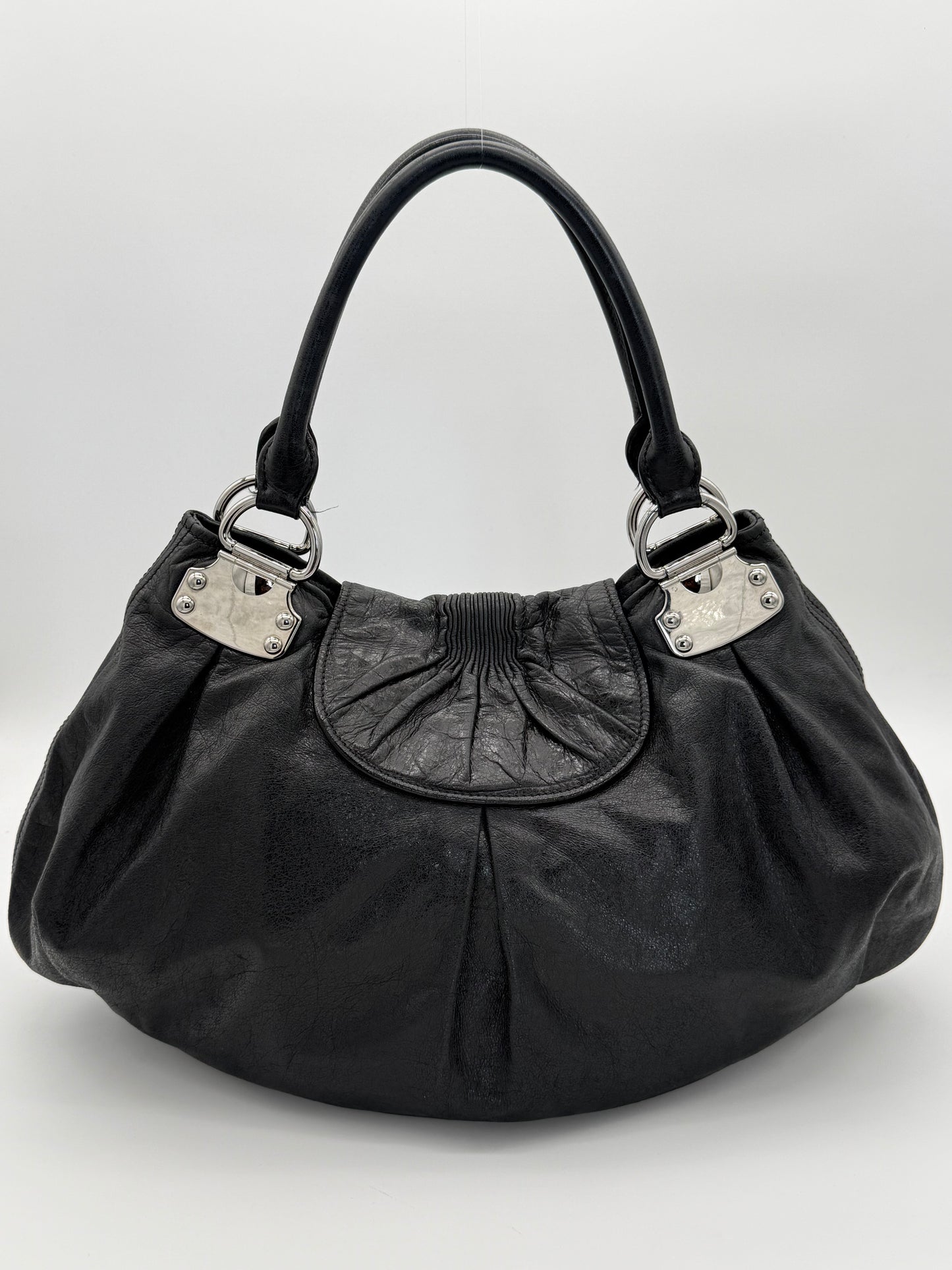 Miu Miu Black Pleated Leather Hobo Bag