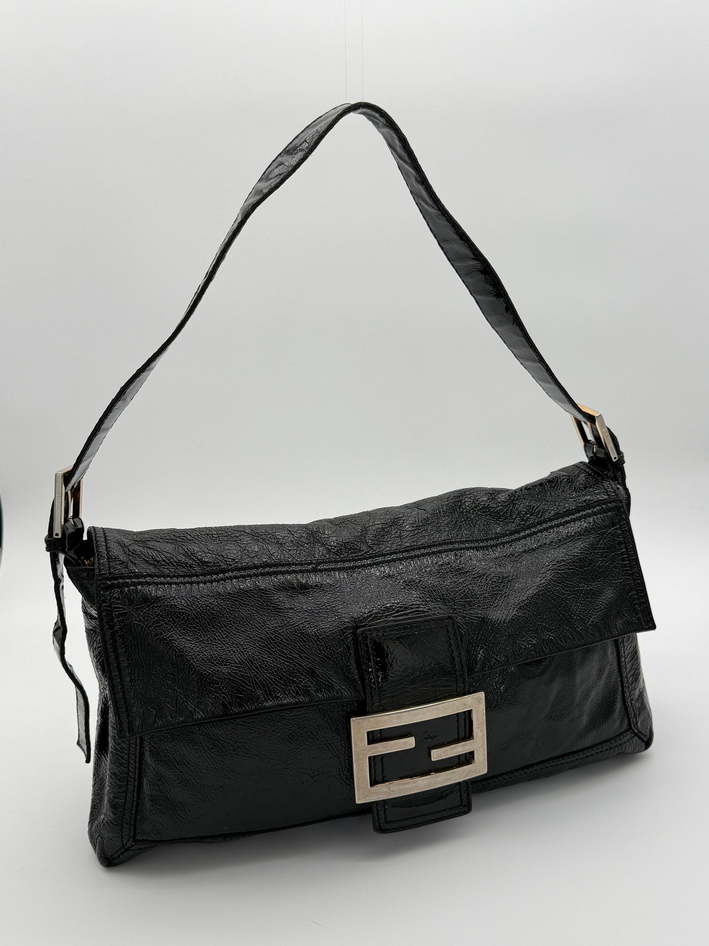Vintage Fendi Black Patent Leather FF Baguette Shoulder Bag