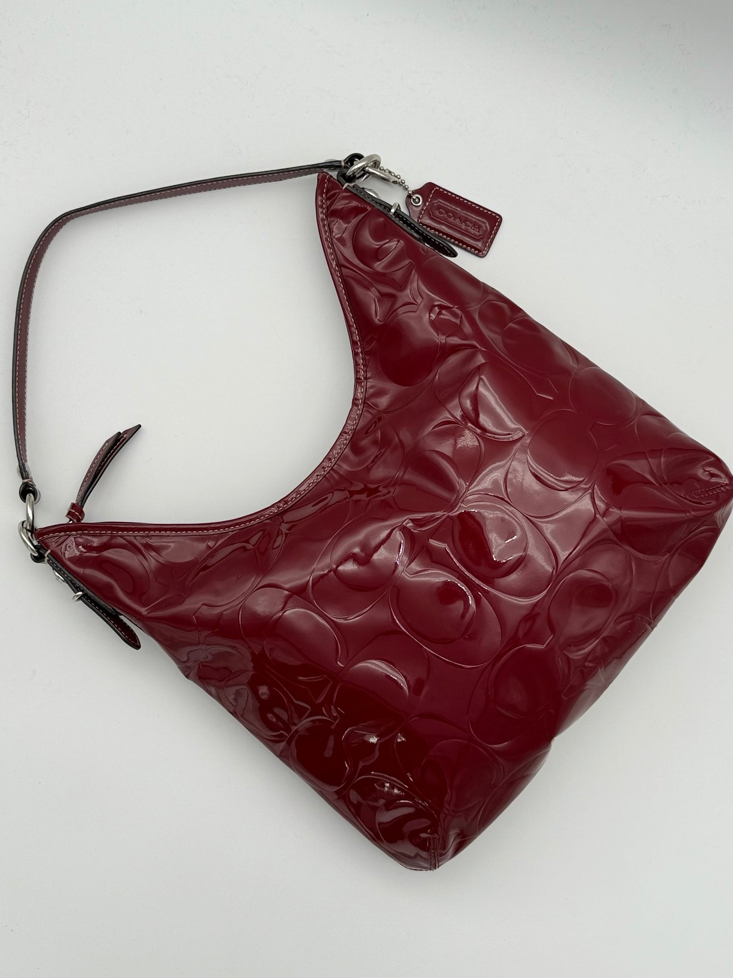Coach Burgundy Patent Shoulder Bag Embossed Monogram
