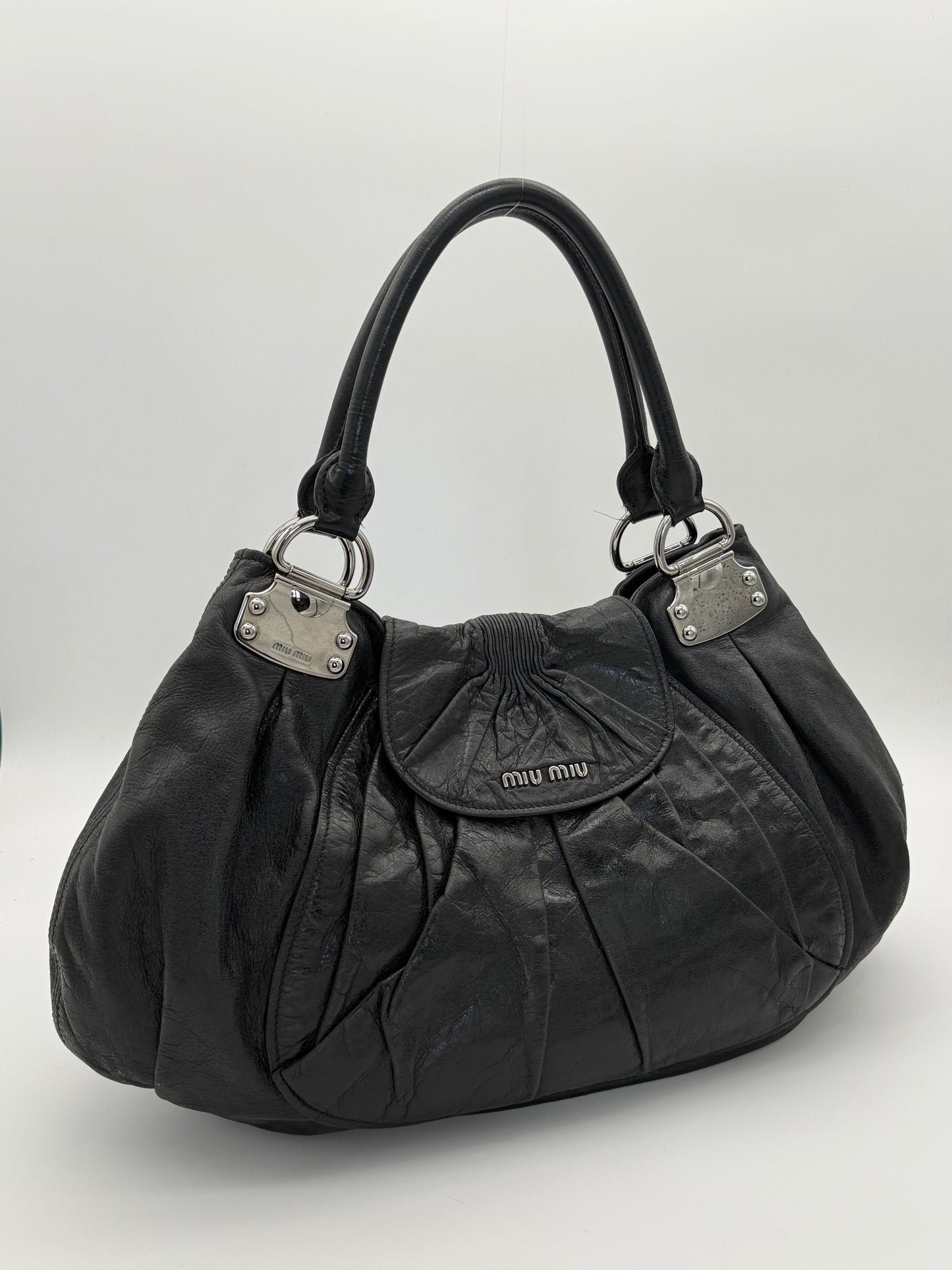 Miu Miu Black Pleated Leather Hobo Bag