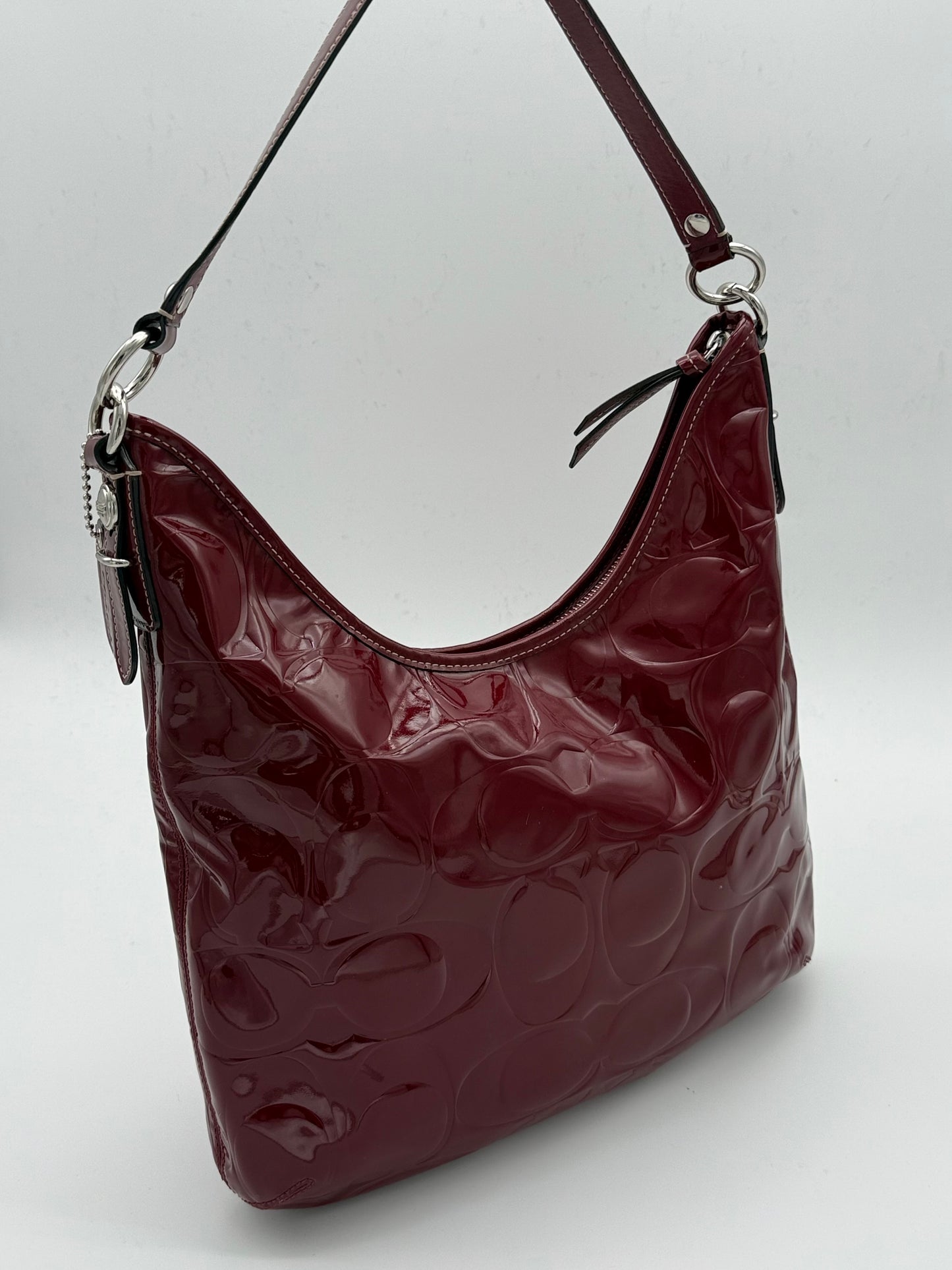 Coach Burgundy Patent Shoulder Bag Embossed Monogram