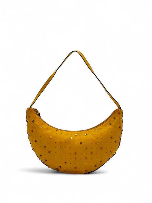 Miu Miu yellow leather moon bag – gold studs & sequins