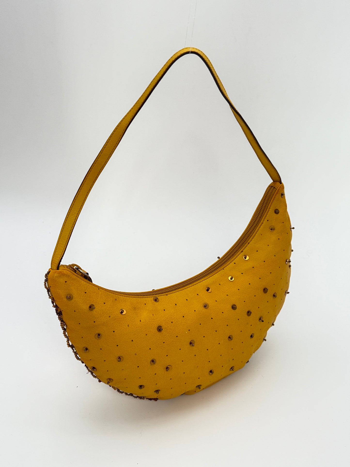 Miu Miu yellow leather moon bag – gold studs & sequins