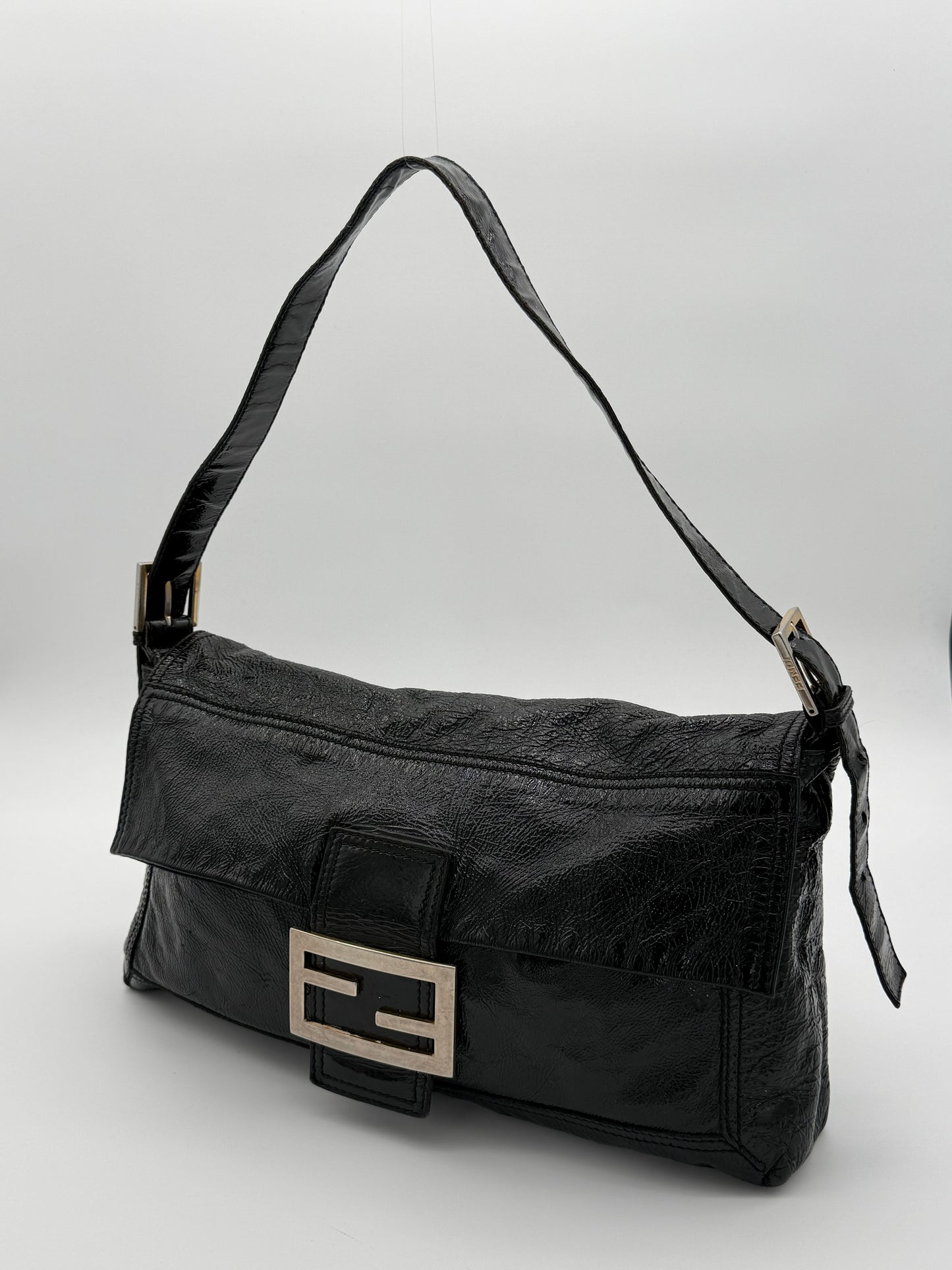 Vintage Fendi Black Patent Leather FF Baguette Shoulder Bag