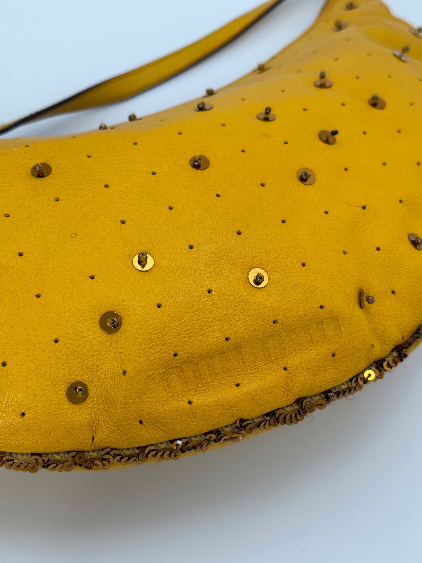 Miu Miu yellow leather moon bag – gold studs & sequins