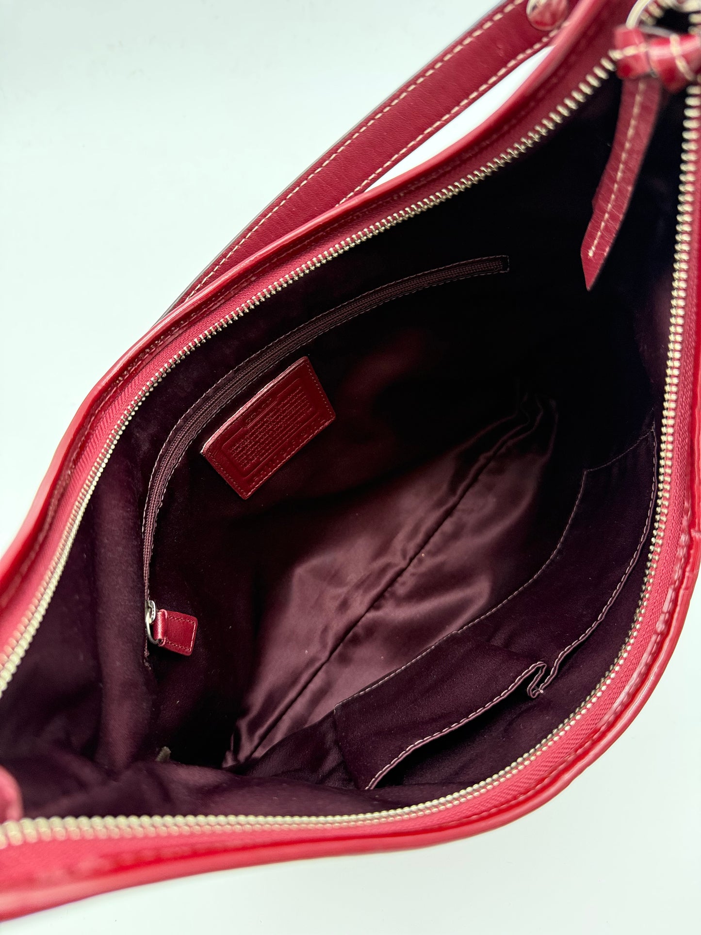Coach Burgundy Patent Shoulder Bag Embossed Monogram