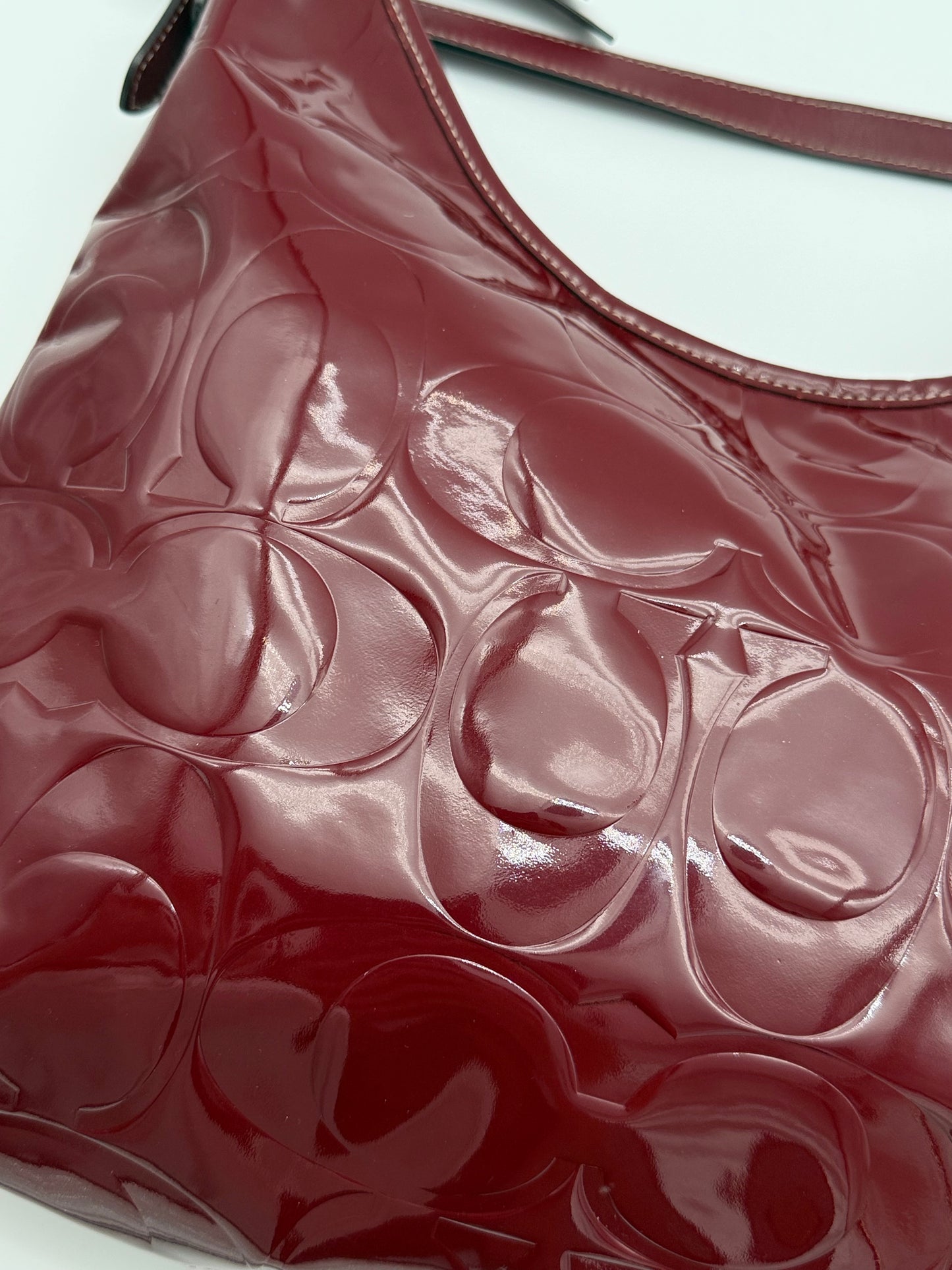 Coach Burgundy Patent Shoulder Bag Embossed Monogram