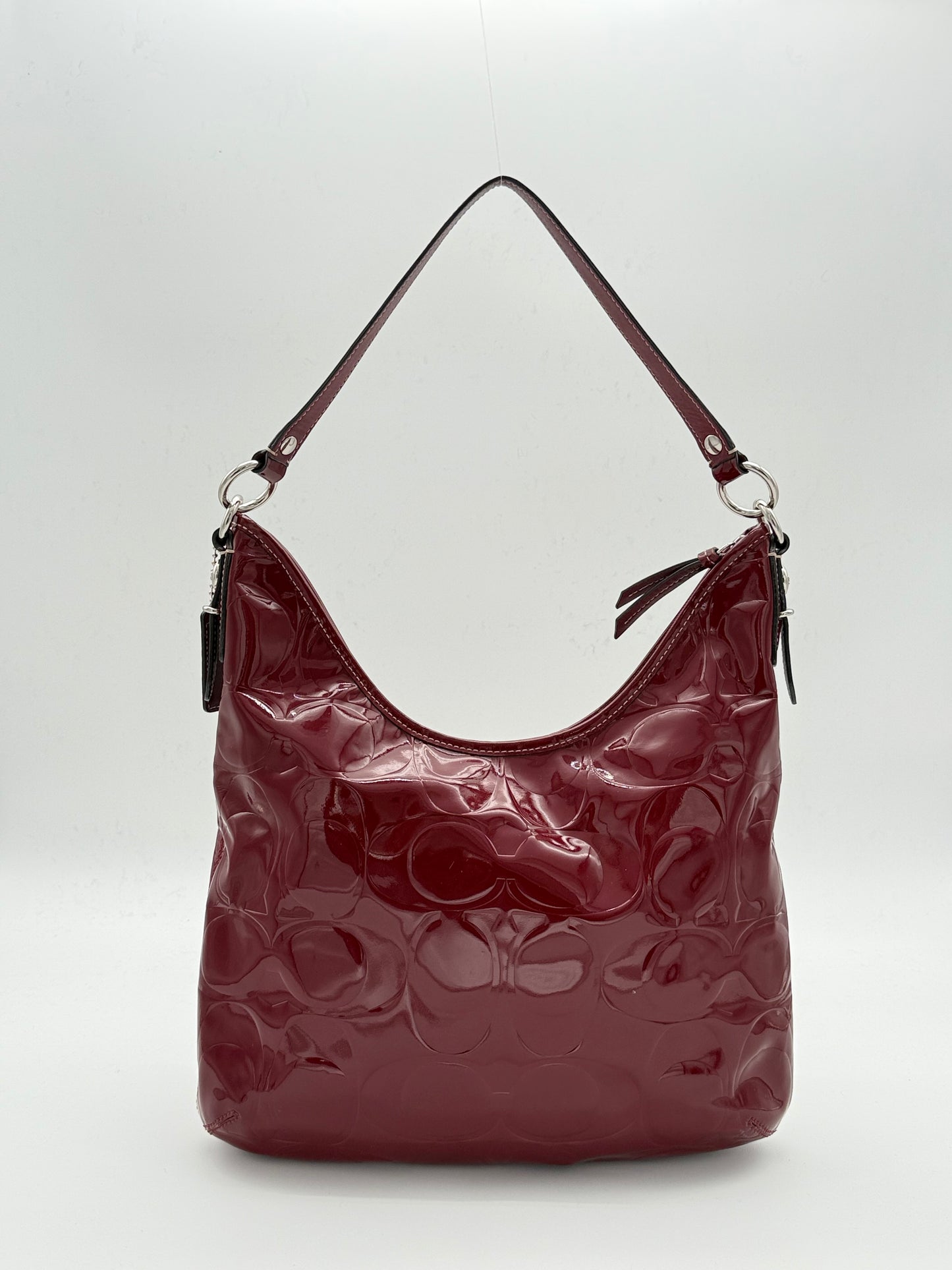Coach Burgundy Patent Shoulder Bag Embossed Monogram
