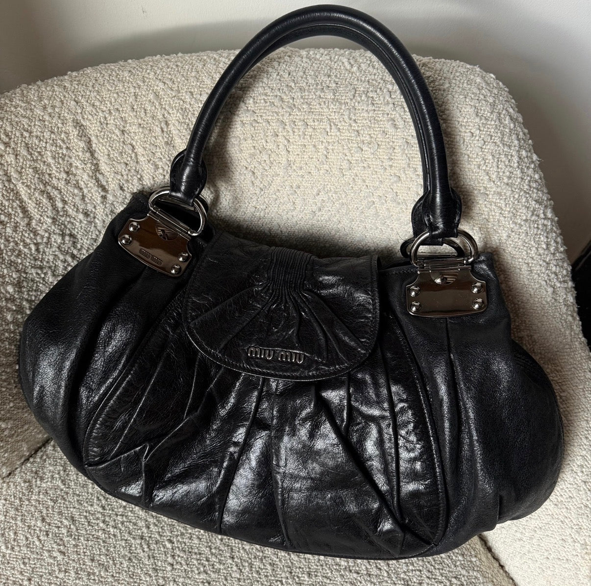Miu Miu Black Pleated Leather Hobo Bag